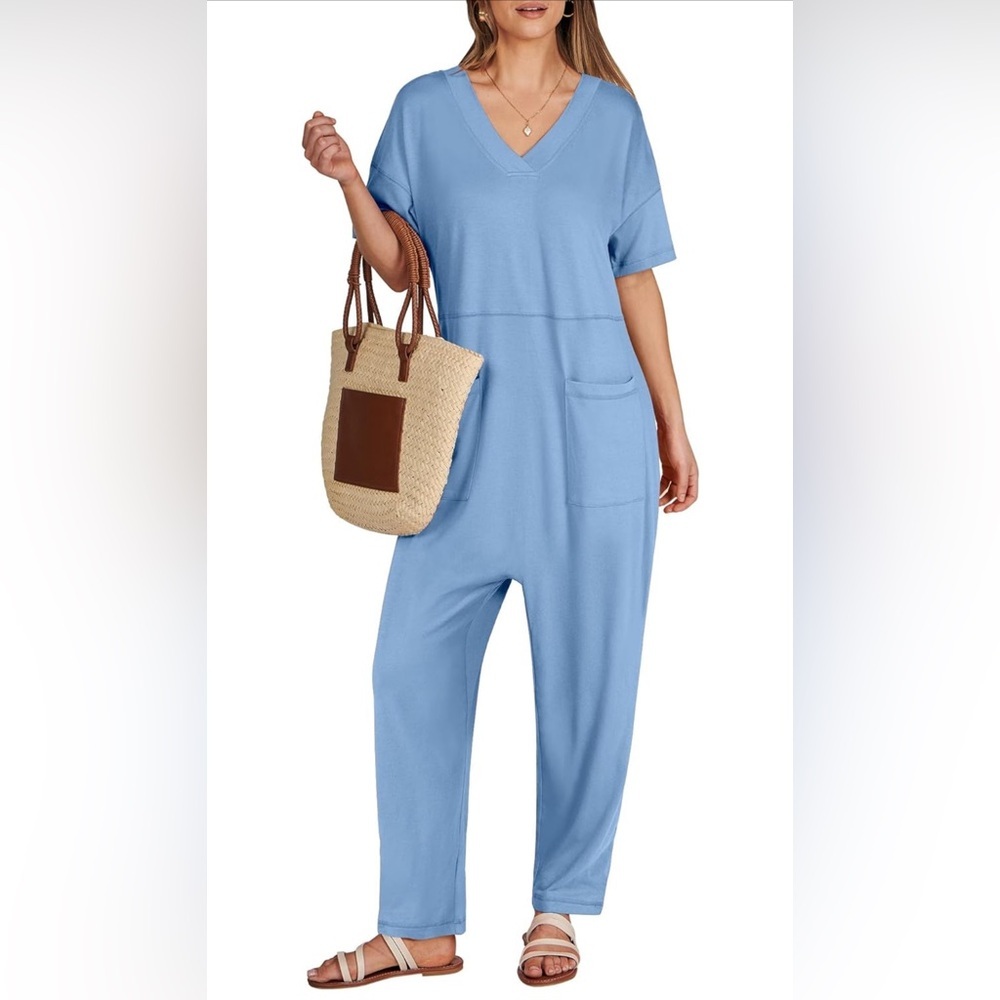 😍Jumpsuits Summer Casual Rompers Short Sleeve V Neck Harem Pants Lou…